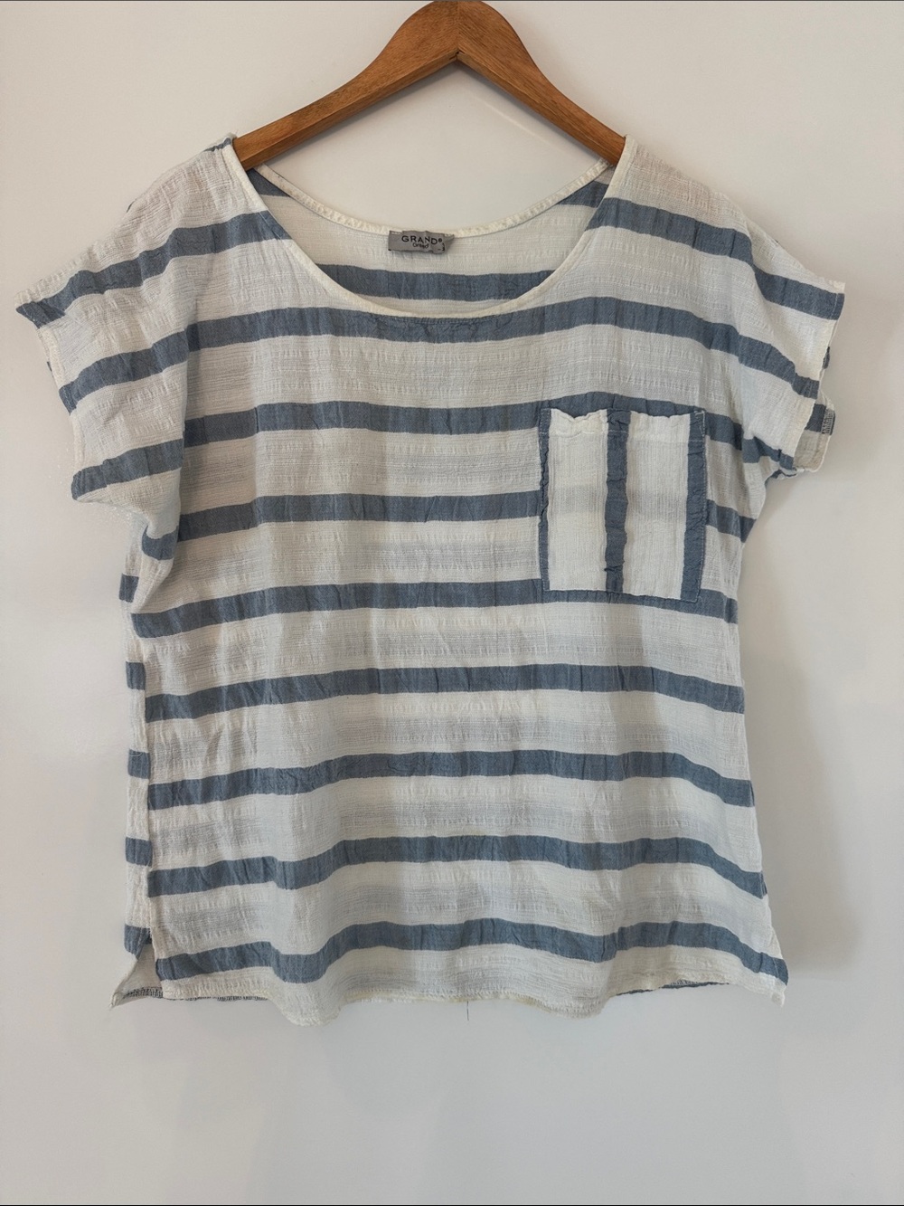 Grand Greece 100% Cotton Top Womens Medium Blue White Stripe Lightweight Boxy